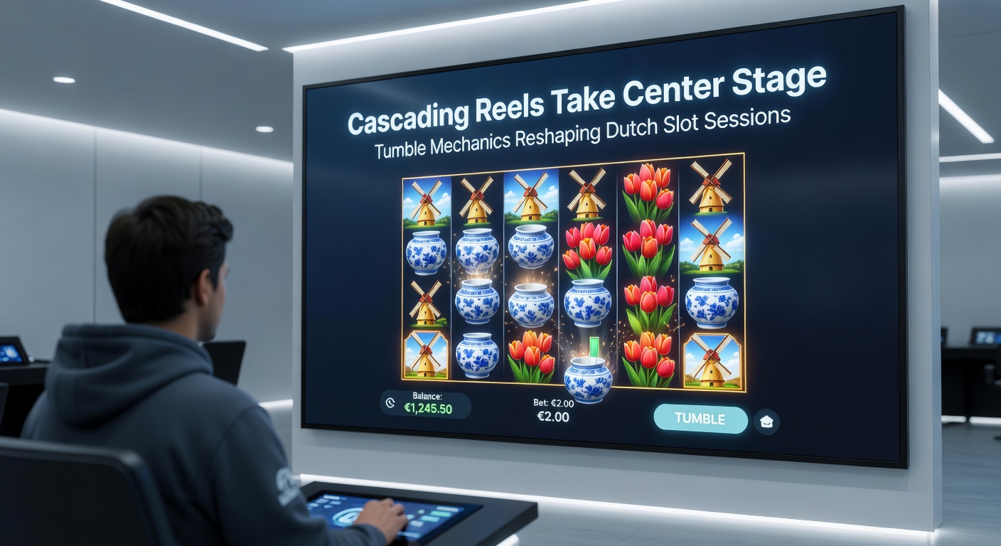 Schermafbeelding van een tumbling reels-feature in actie, met vallende symbolen en opeenvolgende winsten op een Nederlandse online slot
