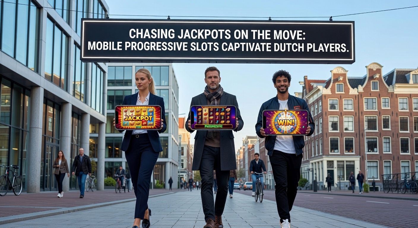 Speler staart gefocust naar smartphone met draaiende progressieve slot, jackpotmeter loopt op in de achtergrond