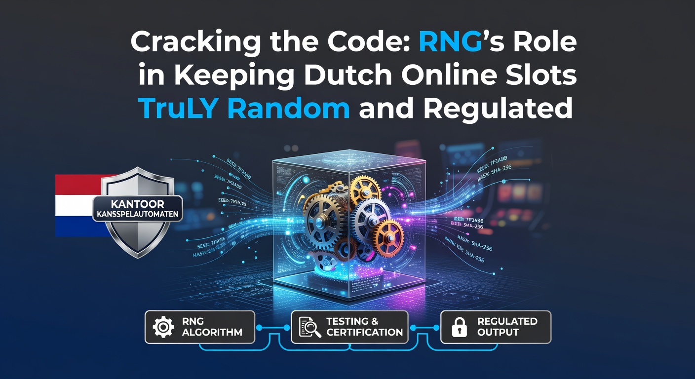 Abstracte weergave van een RNG-algoritme dat willekeurige uitkomsten genereert voor online slots, met Nederlandse vlag en KSA-logo op de achtergrond