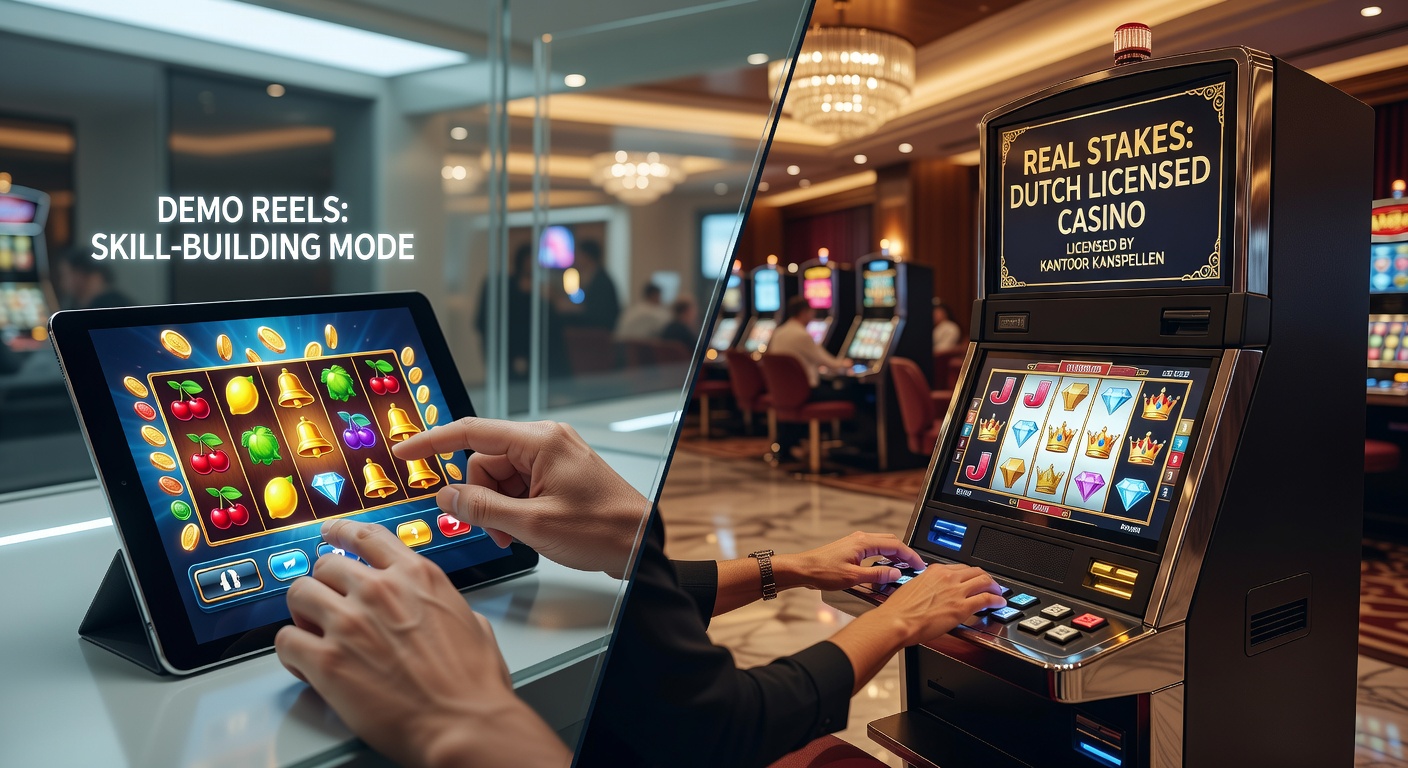 Speler aan een computer die een demo-slot draait met kleurrijke rollen en virtueel geld, terwijl een gelicentieerd casino-logo op de achtergrond schittert