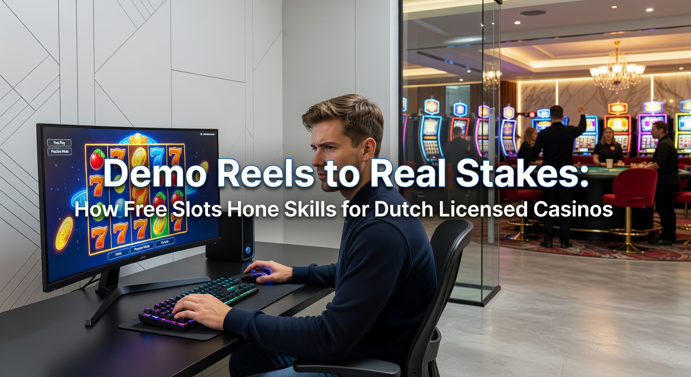 Vergelijkingsscherm met links een demo-slot met virtueel geld en rechts een echt geld-slot met euro-inzet, omringd door Nederlandse casino-licentie badges