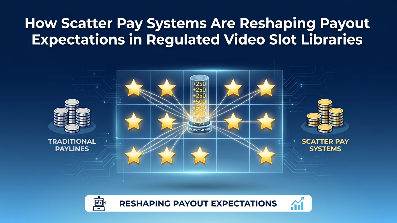 Scatter pay systemen in actie op een gereguleerde video slot met symbolen die willekeurig uitbetalen