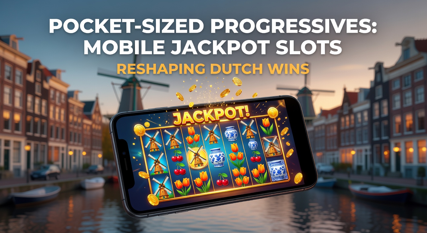 Mobiele telefoon met een draaiend jackpot slotspel op het scherm, jackpotmeter die oploopt tegen een achtergrond van Nederlandse vlag en gouden munten